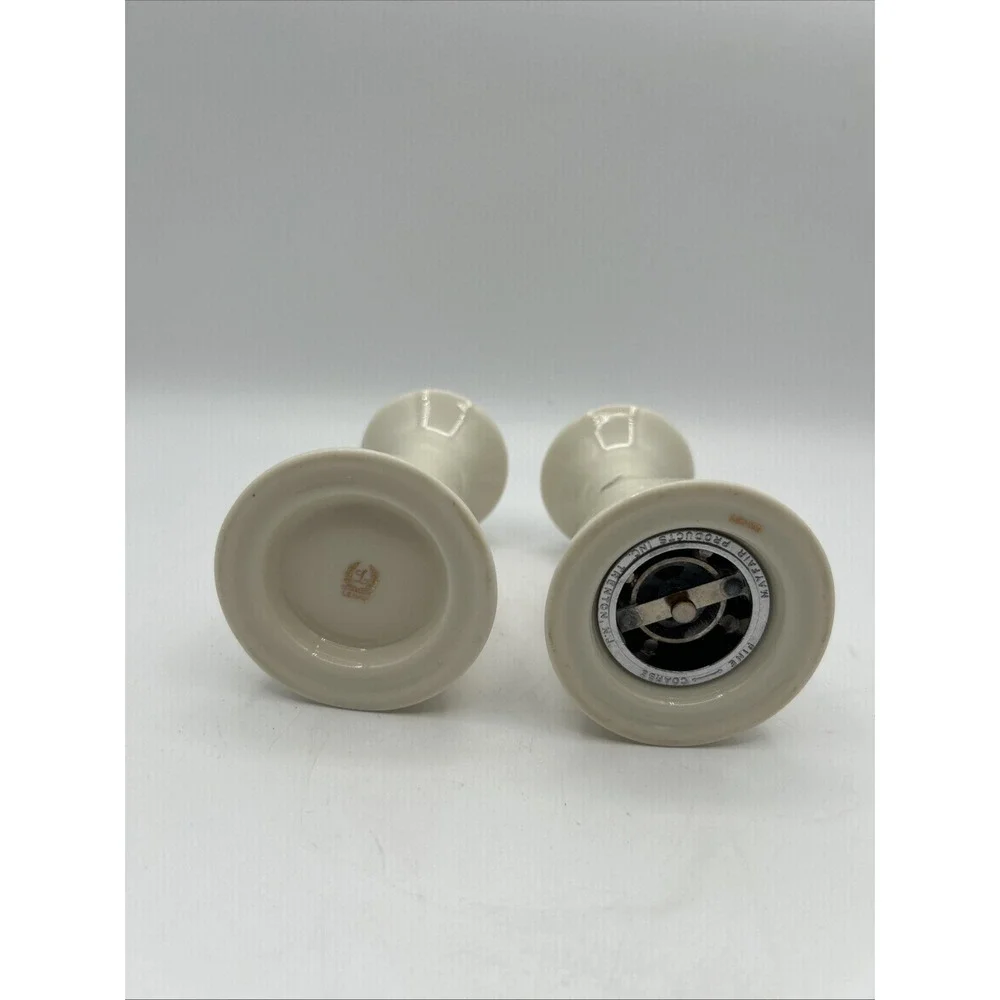 Lenox Salt Shaker and Pepper Mill Set Cream Floral Chrome Top Mid Century Modern